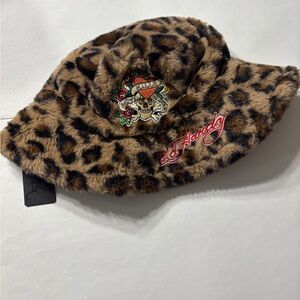 Ed Hardy Brown Leopard Bucket Hat with Embroidery
